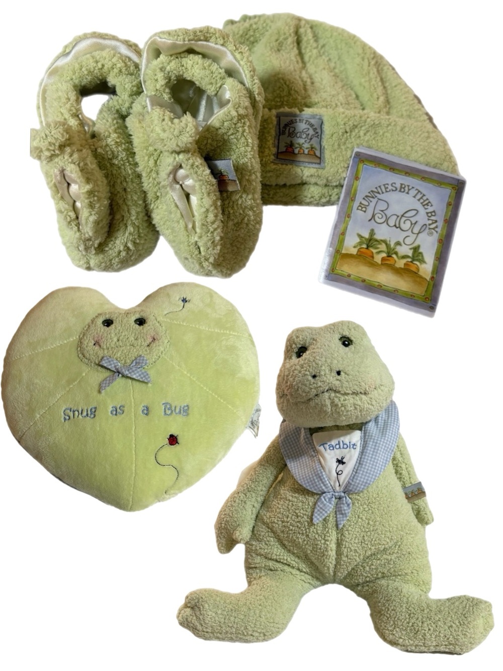 BUNNIES BY THE BAY Soft Green Baby Set Booties, Beanie, Rattle Pillow, Stuffy